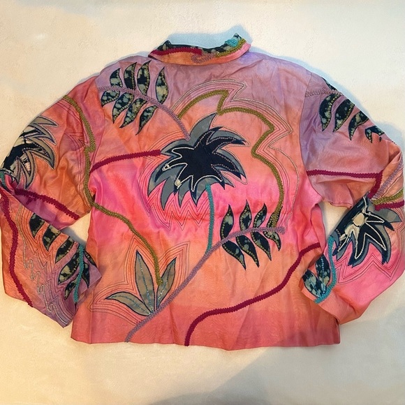 Anage Womens 100% Silk Embroidered Flowers Patchwork Jacket M palm tree pink - Picture 2 of 6